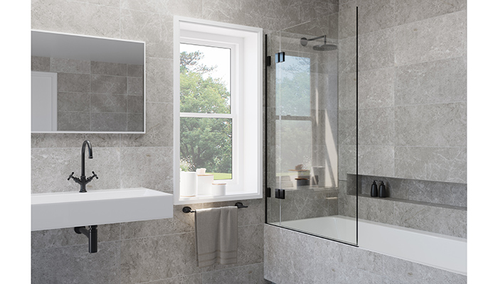 The double-hinged View 14 bath screen with Matt Black frame