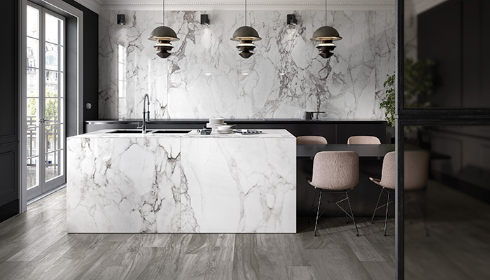 With all the beauty of marble and the practical advantages of porcelain, Elle Marble from RAK Ceramics is an ideal option for kitchen surfaces