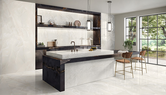 Brand new from Stone and Ceramic Warehouse, the Nuvole Onyx Effect Porcelain tile collection is made using SilkTech technology which combines excellent anti-slip properties (PTV36+) with a soft, silky surface to offer a 'matt' tile that is both luxurious and safe for use on floors as well as surfaces
