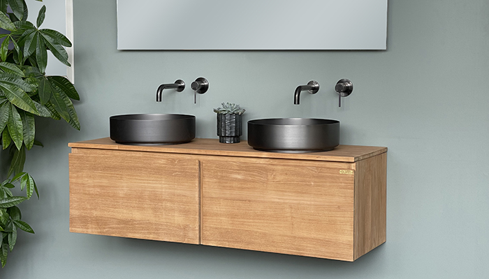 Faucets recently launched Shadow, Meir’s sixth finish, which combines charcoal grey and rustic blue