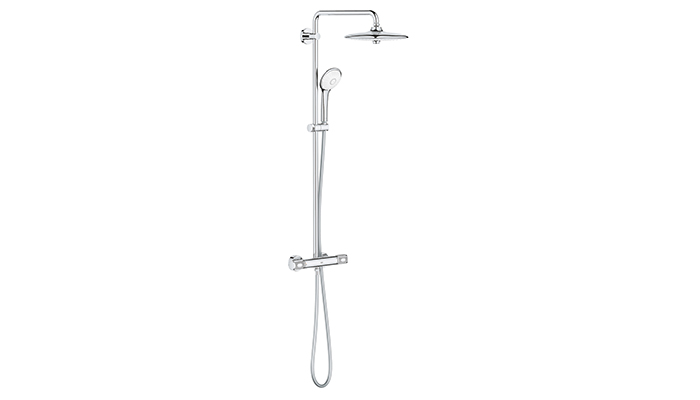 Grohe is Faucets’ biggest single brand. Finished in chrome, the Euphoria 260 shower system has textured handles to make them easy to turn