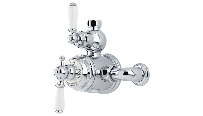 Perrin & Rowe's Traditional exposed thermostatic shower mixer with porcelain detailing on the lever handles