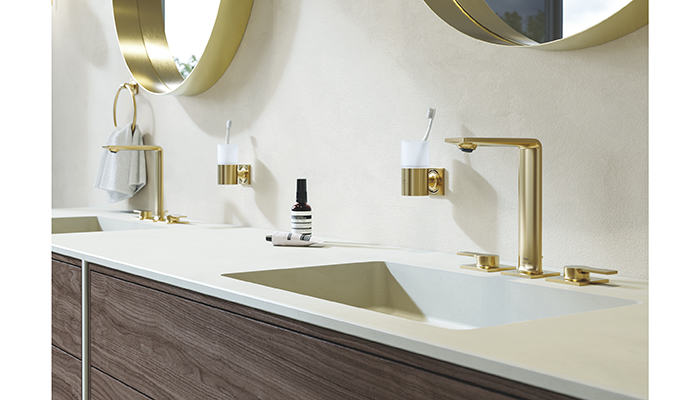 Clients can be confident that Grohe’s oh-so opulent Allure brassware will stay looking pristine for years to come, thanks the extra scratch-resistant StarLight PVD coating. Shown here is the three-hole basin mixer in Cool Sunrise