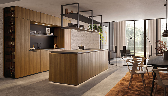 New for 2023 Zerox SY Loft Brown Oak Kitchen with Industrial Style K Black Glass doors
