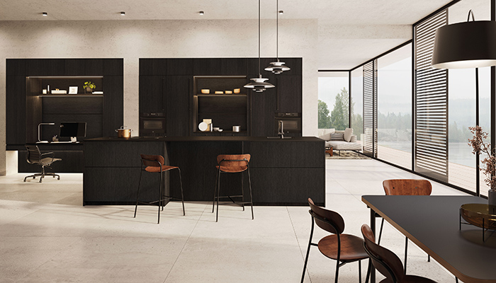 Zerox SY VER Loft Black Wood Kitchen with complementary built-in desk space