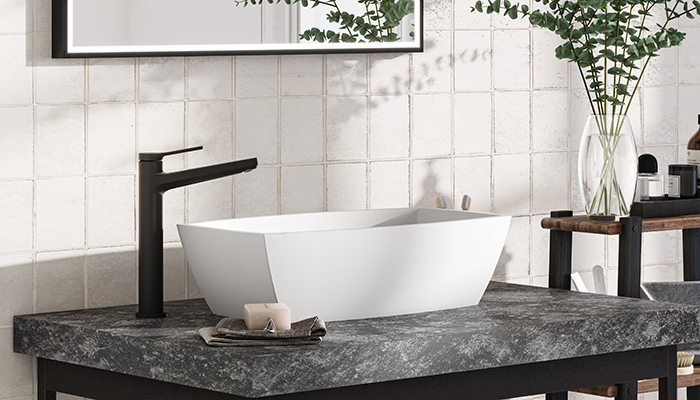 Perfect for countertop basins, Aqualla’s tall Avante mono basin mixer comes in matt black, pictured, brushed brass or chrome