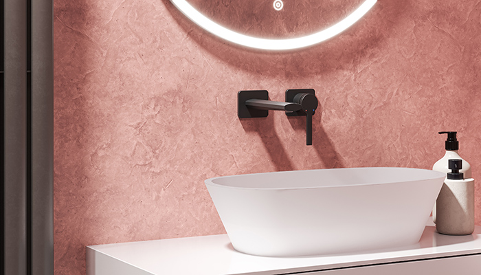 Sustainability is one of Aqualla’s core values and all new products will achieve a green efficiency rating on the EU Water label. Seen here in matt black, the Ivy wall-mounted basin mixer features an Eco, water-saving, rub-clean aerator