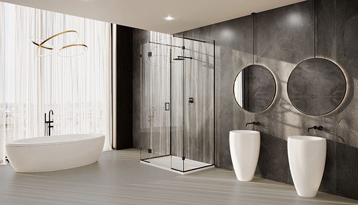 Geneva in Matt Black with Ceralsio Soft White flooring and MDi Ferro Vecchio floor to ceiling wall cladding