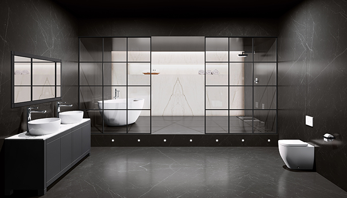 Quadrato in Matt Black with MDi Marquina floor and wall cladding with a Ceralsio Carrara Vagli feature wall