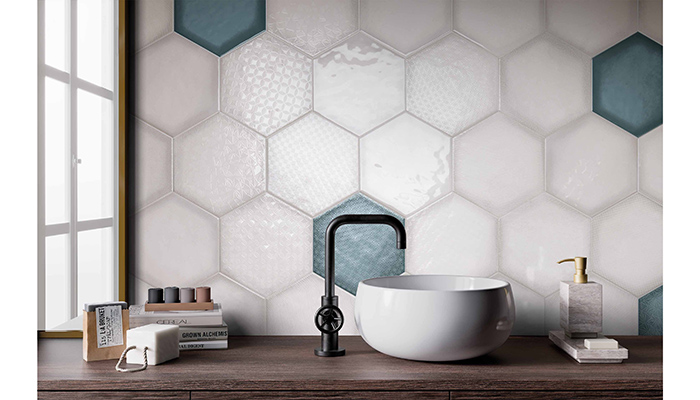 Large hexagonals are a feature of Argos by Decocer, a new series of wall tiles in a 17.4x20.2cm format