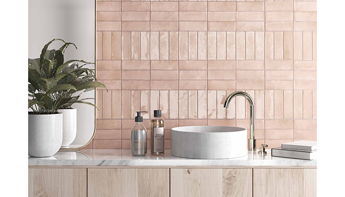 Coco by Equipe is a 5x15cm porcelain format available in 8 matt or gloss hues including Orchard Pink