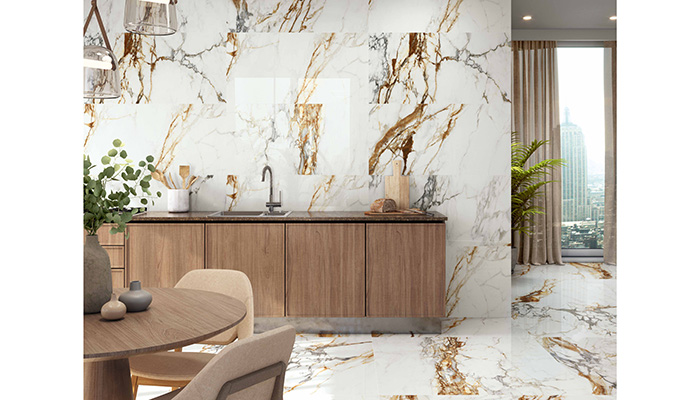 Uluru by Etile is a marble-effect porcelain with a polished finish featuring rusty-gold and grey striations