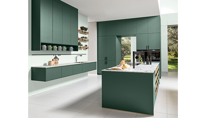 Green Lacquer Handleless Kitchen Cabinet, Green Cabinets