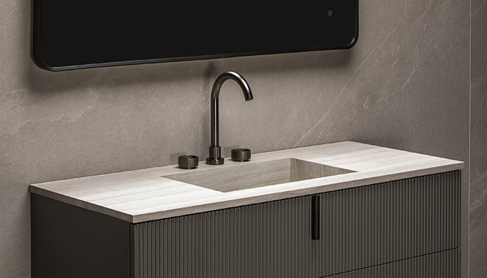 Orology vanity in Dark Grey with a Flow bespoke integrated basin and Orology Anthracite 3-hole basin mixer, Bagno Design