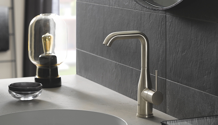 Providing a subtler alternative to brighter metallics, Grohe’s Nickel finish, seen here on the Essence single lever basin mixer, features light gold tones for a more organic look