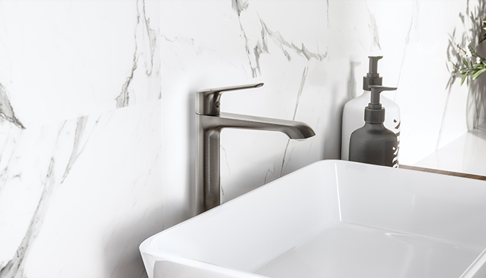 Featuring a distinctive spout design, Aqualla’s Hanna tall mono basin mixer comes in four colourways including Gunmetal Grey, pictured, which the company says is its most requested showroom display finish