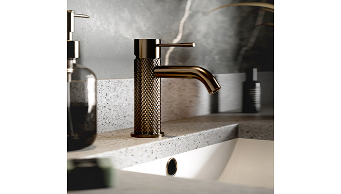 Combining the trends for colour and texture in the bathroom, Cubico’s new Molet brassware collection features diamond-cut knurled detailing and comes in four metallic shades including Satin Bronze, pictured 