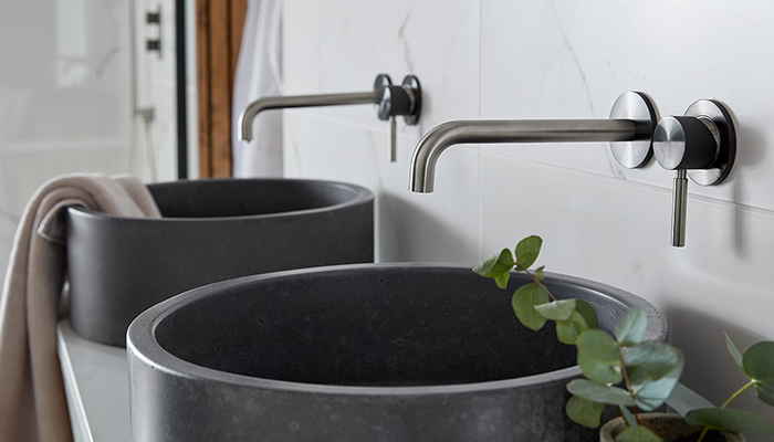 Ideal for clients looking to introduce two on-trend finishes with one product, Vado’s Knurled X Fusion range creates a distinctive two-tone effect. Featuring diamond-cut, knurled detailed handles, these wall-mounted basin mixers are pictured in Brushed Nickel and Black