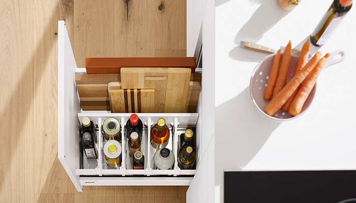 Perfect for organising everything from cutlery and utensils to pots, pans, bottles and chopping boards, Blum’s ORGA-LINE is a high-quality stainless steel inner dividing system that can be used within drawers and high-fronted pull-outs. Users can see what’s inside at a glance with quick and easy access