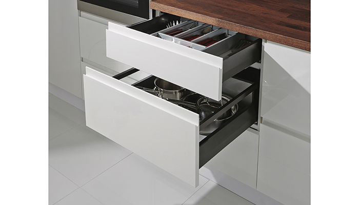 Thin-walled drawer systems, such as the Matrix Box range from Häfele, present more usable space within the drawer due to their slim design