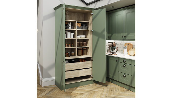 BA’s new Buxton Butler’s Pantry, shown here in Matt Sage Green, can be easily integrated into today’s blended kitchen spaces. Behind the pantry’s full height doors is quality light oak shelving with nine separate compartments to make it simple to keep track of store cupboard basics, plus two generous open Integra drawers designed with a unique double-stop mechanism