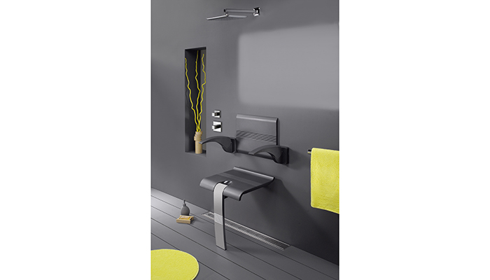 In anthracite grey, pictured, or white, the Pellet Arsis foldaway shower seat is available with hinged armrests and a backrest