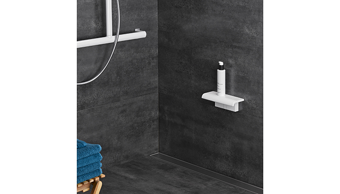 From Pellet’s Arsis range, this multifunctional shower shelf can be used for storage or as a foot rest when installed beneath a shower seat
