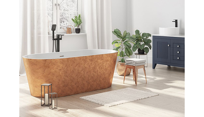 From the Elementa range, this freestanding double-ended bath is made from acrylic with a copper coating on the exterior