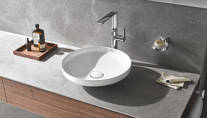 The new Airio ceramic vessel basin with 5mm thin edges, shown with an Allure basin mixer in chrome