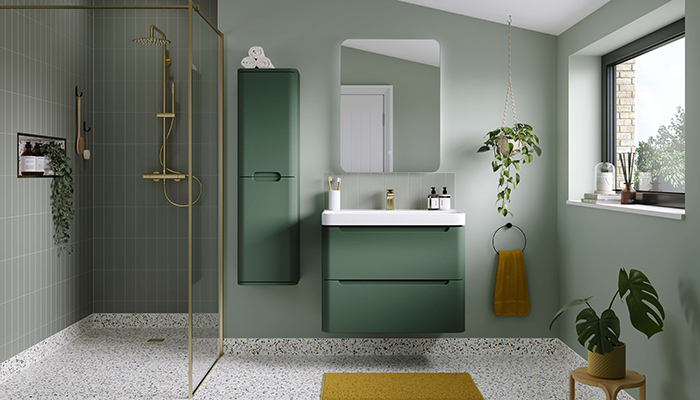 The Lambra furniture range from Bathrooms to Love by PJH is shown here in a Sage Green super matt finish, and features a modular design with soft edges