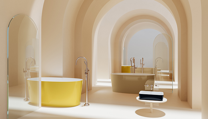 Showcased here in a stunning curved setting, Victoria + Albert’s IOS freestanding tub and Edge 45 basin are available in the American Post Modernsim colour palette