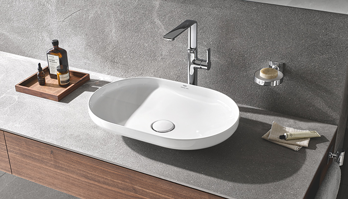 GROHE’s Airio basin, shown here with the Allure mixer in chrome offers a slim, defined profile with a sleek oval shape that’s ideal for softening any harsh lines in a client’s bathroom space
