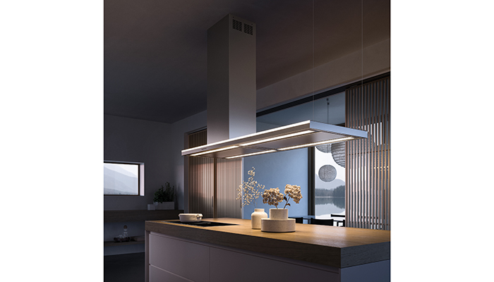 Falmec’s new Lumen Isola island hood features its unique NRS that reduces noise to an almost imperceptible level. It boasts an extremely low decibel rating of just 37dB on minimal speed and only 45dB at its highest level, making it the ideal choice for multi-purpose kitchens where keeping noise down is a primary factor for consumers