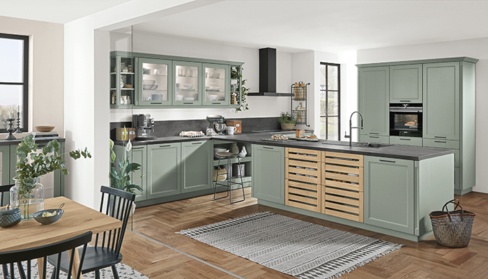 The classic Cascada range can be given a more contemporary look with simple accessories. It is pictured in Reed Green