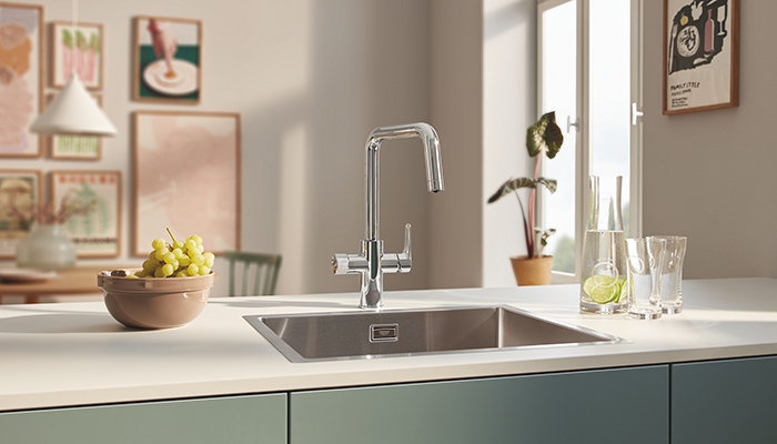 The Grohe Blue Pure EuroSmart tap supplies filtered water to help homeowners eliminate single-use plastics
