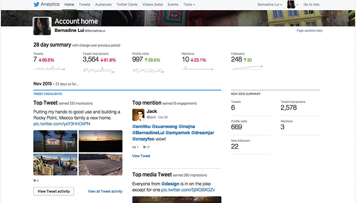 The Twitter dashboard provides an at-a-glance overview of your activities (Source Twitter)