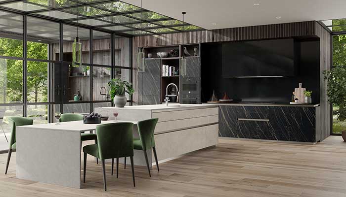 The Q-Line Diamante Ceramica and Tempesta Ceramica kitchen from Mereway boasts fantastic design options, while offering increased storage capabilities with its lower 60mm plinth line and choice of three widths – 1600mm, 1800mm and the super-wide 2000mm