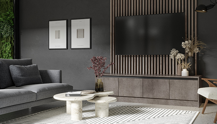 Clients can seamlessly blend their kitchen and living room furniture with Mereway’s wall-hung Slab media unit, which is seen here in Graphite Grey