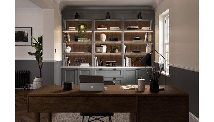 This stylish home office features storage from PWS’ Shaker-style Mornington Beaded range. With an ash-grain finish, it is pictured in Dust Grey with Harton Nickel knobs and cup handles and a Strata Quartz Marbled White worktop.