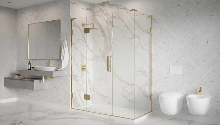 From the Colours range in 11 finishes, hinged door and two in-lines in Polished Gold