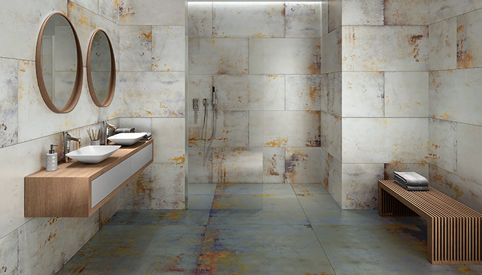 Apavisa's Lamiere tiles come in three colours – Blue, Green and White – and four sizes. Here Lamiere Blue Natural is shown on the floor, with White Natural on the walls
