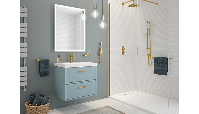 The Finland 60cm countertop vanity unit in matt Morning Sky Blue is seen here with gold handles, which perfectly complement the gold brassware, accessories and shower screen 