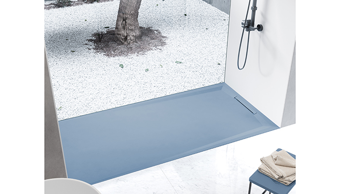 Acquabella’s Flow Zero 2000 x 1000mm aqua marine shower tray made from Akron will create a focal point of the shower with a discreetly hidden linear shower drain