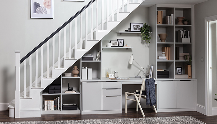 This contemporary and fully functioning office set-up is from Sharps, The Home Collection, Manhattan in Dove home office range and fits seamlessly in this living room space