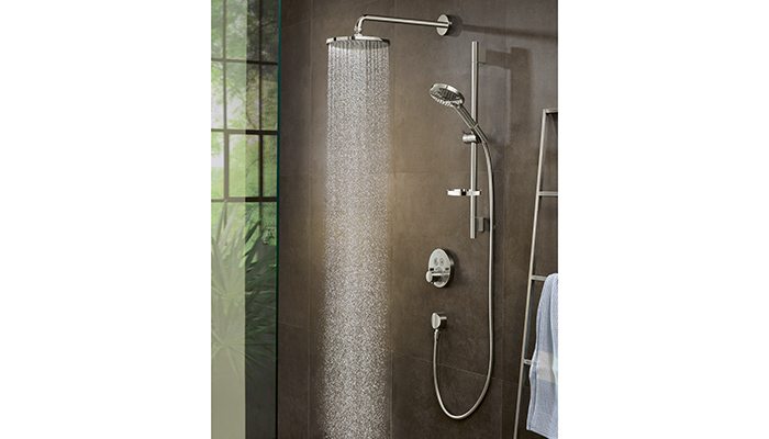 Hansgrohe Raindance S Overhead Shower 240 1 jet with shower arm has a unique PowderRain spray pattern with an incredibly fine micro spray, making this the ideal choice for a noise-conscious customer, while also reducing water and energy consumption