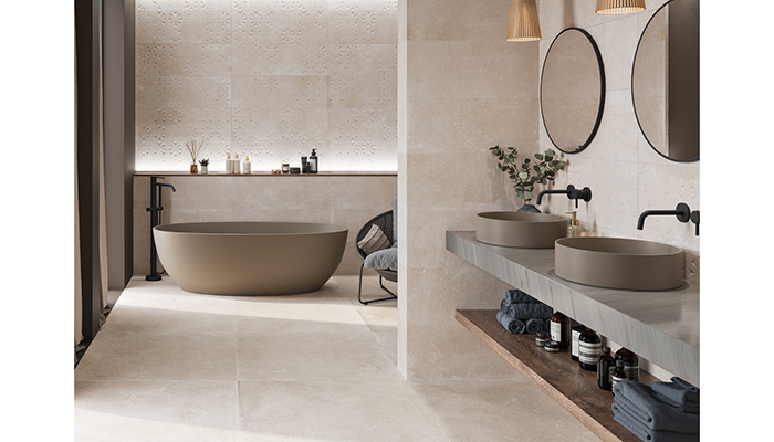 Metropol Ceramica's new Arduin collection features the Art Sand wall tile, shown here on the back wall, which has a delicate pattern cut into it. The range's warm, almost pink tones create a relaxing ambience in a spa-like scheme. Available in Sand, Grey, Black and White, Arduin also features plain and volumetric wall tile options, and large-format floor tiles in a choice of 90 x 90cm or 120 x 60cm  