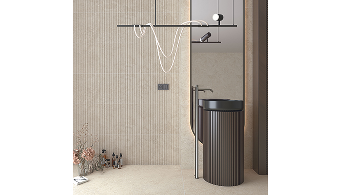 Part of the London collection from Vives, the Belgravia white body stone effect wall tile comes in four sizes, with the Chelsea-R fluted tile measuring 45 x 120cm