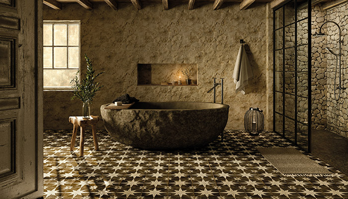Peronda's FS STAR collection, designed by the interior and furniture designer Francisco Segarra, is made up of a wide range of colours with its iconic star. Pictured here in Night in a rustic-style scheme, the tiles measure 45 x 45cm