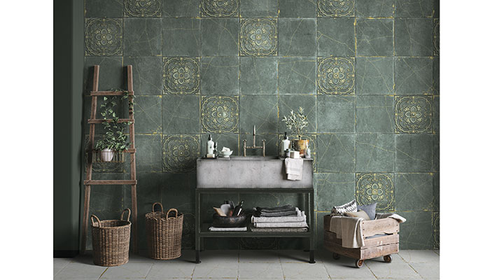 Aparici's Kintsugi collection is a reinterpretation of the Japanese technique. Pictured are the Kintsugi Green Aichi and the patterned Kintsugi Green Basi tiles, both measuring 30 x 30cm