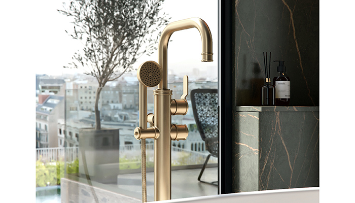 Perrin & Rowe’s new Armstrong bathroom collection includes this freestanding bath-shower mixer with hand-shower and overhead rose in satin brass – with an unlacquered finish, it will make a stunning centrepiece for any discerning client. First customer deliveries are likely to be in the Autumn